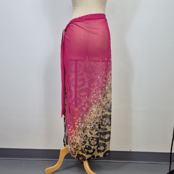 Beach Cover Up Skirt Women's XL Midi Pink & Leopard Animal Print Stretch Mesh - Picture 4 of 9